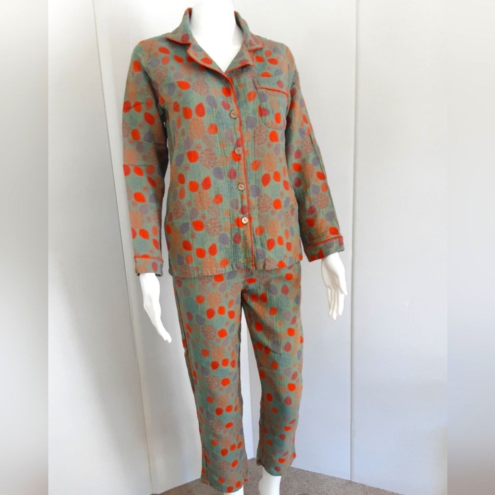 Green and Orange Leaf 100% Cotton Gauze Loungewear Set Sz M